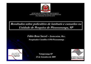 SECRETARIA DE AGRICULTURA E ABASTECIMENTO
  AGÊNCIA PAULISTA DE TECNOLOGIA DOS AGRONEGÓCIOS
                                     AGRONEGÓ
           PÓLO REGIONAL DO CENTRO LESTE




Fábio Rosa Sussel – Zootecnista, Msc.
 Pesquisador Científico UPD-Pirassununga




                Votuporanga-SP
           25 de Setembro de 2009
 