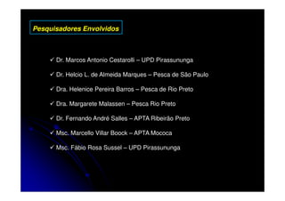 Pesquisadores Envolvidos



      Dr. Marcos Antonio Cestarolli – UPD Pirassununga

      Dr. Helcio L. de Almeida Marques – Pesca de São Paulo

      Dra. Helenice Pereira Barros – Pesca de Rio Preto

      Dra. Margarete Malassen – Pesca Rio Preto

      Dr. Fernando André Salles – APTA Ribeirão Preto

      Msc. Marcello Villar Boock – APTA Mococa

      Msc. Fábio Rosa Sussel – UPD Pirassununga
 