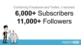 Combining Facebook and Twitter, I reached:

 6,000+ Subscribers
 11,000+ Followers
 