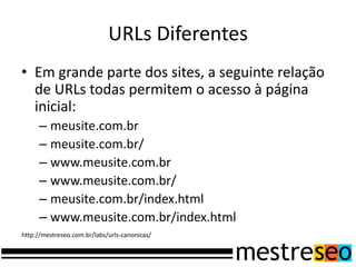 URLs DiferentesEm grande parte dos sites, a seguinte relação de URLs todas permitem o acesso à página inicial:meusite.com.brmeusite.com.br/www.meusite.com.brwww.meusite.com.br/meusite.com.br/index.htmlwww.meusite.com.br/index.htmlhttp://mestreseo.com.br/labs/urls-canonicas/