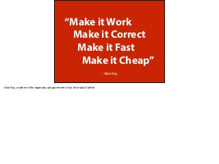 “Make it Work
Make it Correct
Make it Fast
Make it Cheap”
- Alan Kay
Alan Kay, another of the legendary programmers of our time said it better.
 