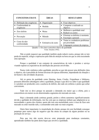 5




  CONCEITOS-CHAVE                      ÁREAS                       RESULTADOS

• Definição das exigências      • Organização           • Fixar objetivos
• Conformidade às                                       • Comparar o realizado ao
                               • Medida
  exigências                                               objetivo
                                                        • Melhorar a qualidade total
• Zero defeito                 • Metas
                                                        • Reduzir os custos
                                                        • Eliminar os defeitos à montante
• Prevenção                    • Método
                                                        • Encorajar o pessoal
                                                        • Tratar os verdadeiros problemas
• Custo de não-
                               • Estimativa de custo       por prioridade
  conformidade
                                                        • Linguagem comum da empresa
                      Quadro 1: Os cinco conceitos-chave da qualidade
                                     Fonte: Straube (1992).

       Não se pode esquecer que qualidade também ajuda reduzir custos, porque não se tem
perda de material, refugo e reprocesso pela falta de atenção na hora em que se está executando
uma operação.

       Porque a qualidade é um conjunto de características de todo o produto e serviço
visando superar as expectativas de satisfação das pessoas envolvidas.

        Numa visão sistêmica sobre qualidade, percebe-se que não possui uma definição clara
e objetiva, ela é percebida de formas diversas em épocas diferentes, dependendo da situação e
do humor e das atividades da pessoa.

       Até os gurus da qualidade como Deming, Juran, Crosby, Feigenbaun e Ishikawa,
possuem diferentes abordagens sobre a qualidade, porque o que deve-se saber é que qualidade
é o produto ser produzido com a ausência do defeito, daí cada um enfatiza o ponto que achar
conveniente.

       Tudo isto se deve porque no passado a demanda era maior que a oferta, pois a
concorrência era menor ou em determinados segmentos do mercado era nula.

       Hoje a demanda ainda continua grande, porém a oferta aumentou significativamente
devido a agilidade da informação, isto faz com que as empresas tenham que adaptarem-se as
necessidades e gostos dos clientes, quem não tem esta mentalidade corre o risco de ficar sem
mercado ou estar inserido nele, o consumidor está cada vez mais exigente.

       Outro fator importante é a insatisfação do cliente, porque ele com facilidade consegue
perpetuar para outros algo de negativo que lhe atraiu na compra de algum produto ou na
prestação de serviço.

       Para que isto não ocorra deve-se estar preparado para mudanças constantes,
aprendizado também faz parte deste leque que envolve a qualidade.
 