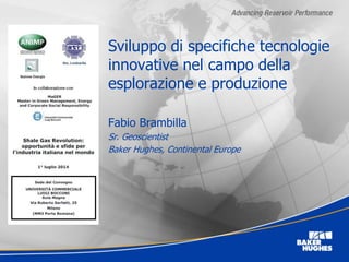Sviluppo di specifiche tecnologie
innovative nel campo della
esplorazione e produzione
Fabio Brambilla
Sr. Geoscientist
Baker Hughes, Continental Europe
 