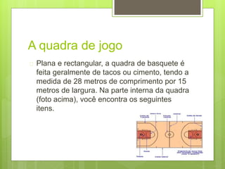 A quadra de jogo 
 Plana e rectangular, a quadra de basquete é 
feita geralmente de tacos ou cimento, tendo a 
medida de 28 metros de comprimento por 15 
metros de largura. Na parte interna da quadra 
(foto acima), você encontra os seguintes 
itens. 
 