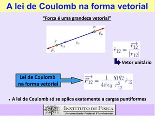 A lei de Coulomb na forma vetorial
“Força é uma grandeza vetorial”
Lei de Coulomb
na forma vetorial
Vetor unitário
 A lei de Coulomb só se aplica exatamente a cargas puntiformes
 