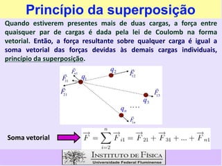 Princípio da superposição
Quando estiverem presentes mais de duas cargas, a força entre
quaisquer par de cargas é dada pela lei de Coulomb na forma
vetorial. Então, a força resultante sobre qualquer carga é igual a
soma vetorial das forças devidas às demais cargas individuais,
princípio da superposição.
Soma vetorial
 