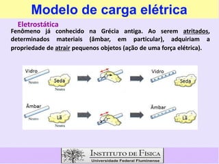 Modelo de carga elétrica
Fenômeno já conhecido na Grécia antiga. Ao serem atritados,
determinados materiais (âmbar, em particular), adquiriam a
propriedade de atrair pequenos objetos (ação de uma força elétrica).
Eletrostática
 