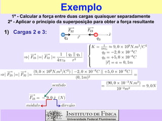 Exemplo
1º - Calcular a força entre duas cargas quaisquer separadamente
2º - Aplicar o princípio da superposição para obter a força resultante
1) Cargas 2 e 3:
 