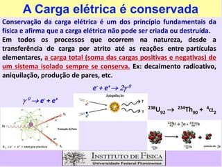A Carga elétrica é conservada
Conservação da carga elétrica é um dos princípio fundamentais da
física e afirma que a carga elétrica não pode ser criada ou destruída.
Em todos os processos que ocorrem na natureza, desde a
transferência de carga por atrito até as reações entre partículas
elementares, a carga total (soma das cargas positivas e negativas) de
um sistema isolado sempre se conserva. Ex: decaimento radioativo,
aniquilação, produção de pares, etc.
e- + e+  
e- + e+  
   e- + e+
238U92  234Th90 + 4a2
 