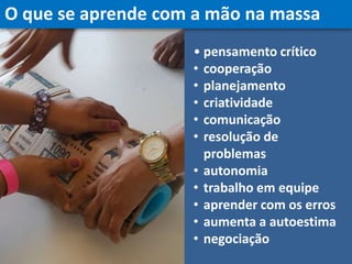 O que se aprende com a mão na massa
• pensamento crítico
• cooperação
• planejamento
• criatividade
• comunicação
• resolução de
problemas
• autonomia
• trabalho em equipe
• aprender com os erros
• aumenta a autoestima
• negociação
 