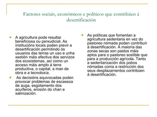 Factores sociais, económicos e políticos que contribúen á desertificación A agricultura pode resultar beneficiosa ou perxudicial. As institucións locais poden previr a desertificación permitindo ós usuarios das terras un uso e unha xestión máis efectiva dos servizos dos ecosistemas, así como un acceso máis amplo á terra productiva, o capital, a man de obra e a tecnoloxía. As decisións equivocadas poden provocar problemas de escaseza de auga, esgotamento dos acuíferos, erosión do chan e salinización.  As políticas que fomentan a agricultura sedentaria en vez do pastoreo nómada poden contribuír á desertificación. A maioría das zonas secas son pastos máis aptos para o pastoreo sostible que para a producción agrícola. Tanto a sedentarización dos pobos nómadas coma a restricción dos seus desplazamentos contribúen á desertificación. 