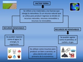 FACTOR TIERRA
Se refiere a los materiales y las fuerzas que
otorga la naturaleza. Es un recurso natural que
se utiliza para producir ingresos se divide en:
recursos naturales, recursos renovables y
recursos no renovables.
RECURSOS RENOVABLES
RECURSOS NO RENOVABLES
Se pueden reponer
como el agua, la
energía, la
vegetación.
Se pueden agotar
como el petróleo, el
carbón, el gas.
Se utilizan como insumos para
producir un bien o servicio, se
ubica dentro del sector
primario de la económica.
 