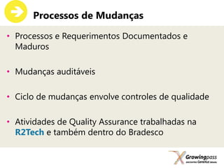      Processos de Mudanças

• Processos e Requerimentos Documentados e
  Maduros

• Mudanças auditáveis

• Ciclo de mudanças envolve controles de qualidade

• Atividades de Quality Assurance trabalhadas na
  R2Tech e também dentro do Bradesco
 