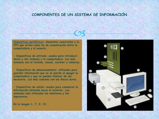  .Dispositivos periféricos: elementos conectados a la
CPU que sirven como vía de comunicación entre la
computadora y el usuario.
• Dispositivos de entrada: usados para introducir
datos y dar órdenes a la computadora. Los más
comunes son el teclado, mouse, escáner y cámaras.
• Dispositivos de almacenamiento: utilizados para
guardar información que no se pierde al apagar la
computadora y que se pueden eliminar de ser
necesario. Los más comunes son los discos duros.
• Dispositivos de salida: usados para comunicar la
información obtenida hacia el exterior. Las
unidades más utilizadas los monitores y las
impresoras.
En la imagen 1, 7, 9, 10.
COMPONENTES DE UN SISTEMA DE INFORMACIÓN
 