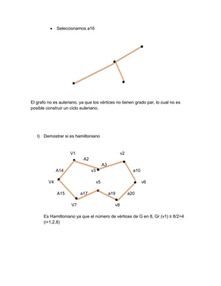 Seleccionamos a16
El grafo no es auleriano, ya que los vértices no tienen grado par, lo cual no es
posible construir un ciclo euleriano.
l) Demostrar si es hamiltoniano
V1 v2
A2
A3
A14 v3 a10
V4 v5 v6
A15 a17 a19 a20
V7 v8
Es Hamiltoniano ya que el número de vértices de G en 8, Gr (v1) ≥ 8/2=4
(i=1,2,8)
 
