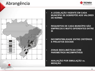 14 
• A LEGISLAÇÃO VIGENTE EM CADA 
MUNICÍPIO SE SOBREPÕE AOS VALORES 
DE NORMA 
• REQUISITOS DE CADA MUNICÍPIO SÃO 
EMPÍRICOS E MUITO DIFERENTES ENTRE 
SÍ 
• INCOMPATIBILIDADE ENTRE CRITÉRIOS 
E PROJETOS SOCIAIS 
• ZONAS BIOCLIMÁTICAS COM 
PARÂMETROS INCOMPATÍVEIS 
• AVALIAÇÃO POR SIMULAÇÃO vs. 
MEDIÇÃO 
Abrangência 
 