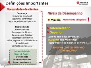 15 
Mínimo 
Definições Importantes 
Segurança 
Segurança Estrutural 
Segurança contra fogo 
Segurança no Uso e Operação 
Habitabilidade 
Estanqueidade 
Desempenho Térmico 
Desempenho Acústico 
Desempenho Lumínico 
Saúde, Higiene e Qualidade do Ar 
Acessibilidade 
Conforto no manuseio 
Sustentabilidade 
(Item 18, Parte 1) 
Durabilidade 
Manutenabilidade 
Impacto Ambiental 
Atendimento Obrigatório 
Intermediário 
Superior 
Quando atendidos devem ser 
divulgados pelo Marketing e 
incorporados nos materiais de Venda 
 