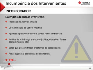 29 
Incumbência dos Intervenientes 
INCORPORADOR 
Exemplos de Riscos Previsíveis 
Presença de Aterro Sanitário 
Contaminação do Lençol Freático 
Agentes agressivos no solo e outros riscos ambientais 
Análise de vizinhança e entorno (ruídos, vibrações, fontes 
contaminantes, etc); 
Solos que possam trazer problemas de estabilidade; 
Áreas sujeitas a ocorrência de enchentes; 
ETC... 
 