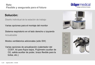 Reto Flexible y asegurada para el futuro Actualizable Modos ventilatorios adicionales (sólo SW) Varias opciones de actualización (calentador del COSY, kit para flujos bajos, Flujómetro auxiliar de O2, salida auxiliar de poder, brazo flexible para la bolsa, etc.) Diseño individual de la estación de trabajo Varias opciones para el montaje del monitor Sistema respiratorio en el lado derecho o izquierdo Solución: 