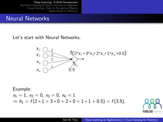 Deep Learning: A Brief Introduction
Machine Learning & Deep Learning for Beginers
Visual Sensing: How to Recognise Objects
Applications in Robotics
Neural Networks
Let’s start with Neural Networks.
Example:
x1 = 1, x2 = 0, x3 = 0, x4 = 1
⇒ h1 = f (2 ∗ 1 + 3 ∗ 0 + 2 ∗ 0 + 1 ∗ 1 + 0.5) = f (3.5).
Son N. Tran Deep Learning & Applications in Visual Sensing for Robotics
 