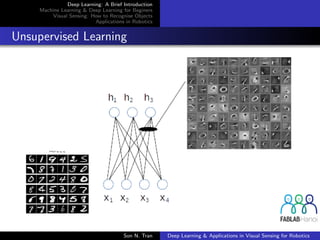 Deep Learning: A Brief Introduction
Machine Learning & Deep Learning for Beginers
Visual Sensing: How to Recognise Objects
Applications in Robotics
Unsupervised Learning
Son N. Tran Deep Learning & Applications in Visual Sensing for Robotics
 