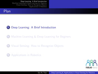 Deep Learning: A Brief Introduction
Machine Learning & Deep Learning for Beginers
Visual Sensing: How to Recognise Objects
Applications in Robotics
Plan
1 Deep Learning: A Brief Introduction
2 Machine Learning & Deep Learning for Beginers
3 Visual Sensing: How to Recognise Objects
4 Applications in Robotics
Son N. Tran Deep Learning & Applications in Visual Sensing for Robotics
 