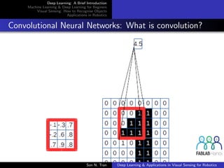 Deep Learning: A Brief Introduction
Machine Learning & Deep Learning for Beginers
Visual Sensing: How to Recognise Objects
Applications in Robotics
Convolutional Neural Networks: What is convolution?
Son N. Tran Deep Learning & Applications in Visual Sensing for Robotics
 