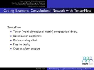 Deep Learning: A Brief Introduction
Machine Learning & Deep Learning for Beginers
Visual Sensing: How to Recognise Objects
Applications in Robotics
Coding Example: Convolutional Network with TensorFlow
TensorFlow
Tensor (multi-dimensional matrix) computation library.
Optimization algorithms
Reduce coding eﬀort
Easy to deploy
Cross-platform support
Son N. Tran Deep Learning & Applications in Visual Sensing for Robotics
 
