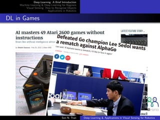 Deep Learning: A Brief Introduction
Machine Learning & Deep Learning for Beginers
Visual Sensing: How to Recognise Objects
Applications in Robotics
DL in Games
Son N. Tran Deep Learning & Applications in Visual Sensing for Robotics
 