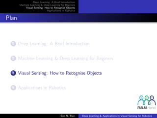 Deep Learning: A Brief Introduction
Machine Learning & Deep Learning for Beginers
Visual Sensing: How to Recognise Objects
Applications in Robotics
Plan
1 Deep Learning: A Brief Introduction
2 Machine Learning & Deep Learning for Beginers
3 Visual Sensing: How to Recognise Objects
4 Applications in Robotics
Son N. Tran Deep Learning & Applications in Visual Sensing for Robotics
 