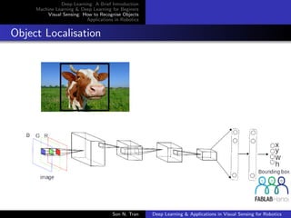 Deep Learning: A Brief Introduction
Machine Learning & Deep Learning for Beginers
Visual Sensing: How to Recognise Objects
Applications in Robotics
Object Localisation
Son N. Tran Deep Learning & Applications in Visual Sensing for Robotics
 