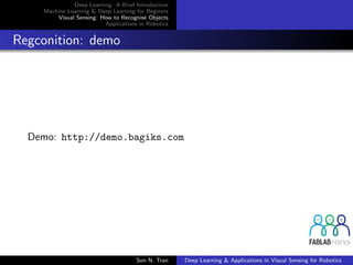 Deep Learning: A Brief Introduction
Machine Learning & Deep Learning for Beginers
Visual Sensing: How to Recognise Objects
Applications in Robotics
Regconition: demo
Demo: http://demo.bagiks.com
Son N. Tran Deep Learning & Applications in Visual Sensing for Robotics
 