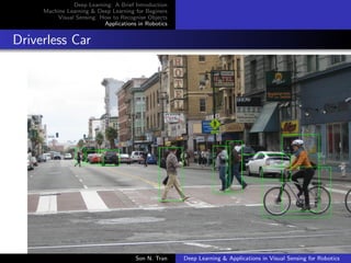 Deep Learning: A Brief Introduction
Machine Learning & Deep Learning for Beginers
Visual Sensing: How to Recognise Objects
Applications in Robotics
Driverless Car
Son N. Tran Deep Learning & Applications in Visual Sensing for Robotics
 