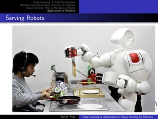 Deep Learning: A Brief Introduction
Machine Learning & Deep Learning for Beginers
Visual Sensing: How to Recognise Objects
Applications in Robotics
Serving Robots
Son N. Tran Deep Learning & Applications in Visual Sensing for Robotics
 
