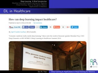 Deep Learning: A Brief Introduction
Machine Learning & Deep Learning for Beginers
Visual Sensing: How to Recognise Objects
Applications in Robotics
DL in Healthcare
Son N. Tran Deep Learning & Applications in Visual Sensing for Robotics
 