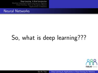 Deep Learning: A Brief Introduction
Machine Learning & Deep Learning for Beginers
Visual Sensing: How to Recognise Objects
Applications in Robotics
Neural Networks
So, what is deep learning???
Son N. Tran Deep Learning & Applications in Visual Sensing for Robotics
 