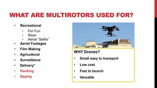 WHAT ARE MULTIROTORS USED FOR?
• Recreational
• For Fun
• Race
• Aerial “Selfie”
• Aerial Footages
• Film Making
• Agricultural
• Surveillance
• Delivery*
• Hacking
• Spying
WHY Drones?
• Small easy to transport
• Low cost
• Fast to launch
• Versatile
 