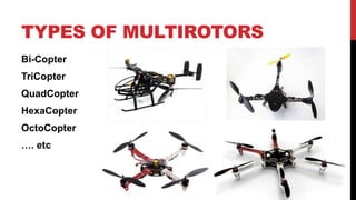 TYPES OF MULTIROTORS
Bi-Copter
TriCopter
QuadCopter
HexaCopter
OctoCopter
…. etc
 