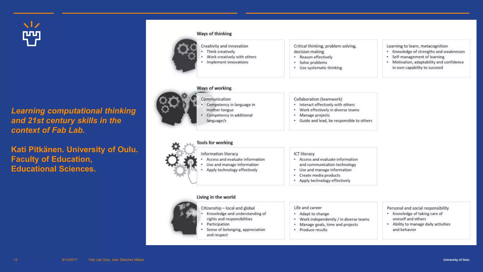 University of Oulu9/14/2017 Fab Lab Oulu. Iván Sánchez Milara.12
Learning computational thinking
and 21st century skills in the
context of Fab Lab.
Kati Pitkänen. University of Oulu.
Faculty of Education,
Educational Sciences.
 