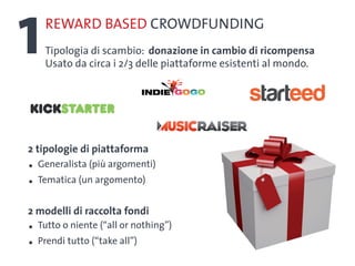 1    REWARD BASED CROWDFUNDING
     Tipologia di scambio: donazione in cambio di ricompensa
     Usato da circa i 2/3 delle piattaforme esistenti al mondo.




.
2 tipologie di piattaforma

.
    Generalista (più argomenti)
    Tematica (un argomento)



.
2 modelli di raccolta fondi

.
    Tutto o niente (“all or nothing”)
    Prendi tutto (“take all”)
 