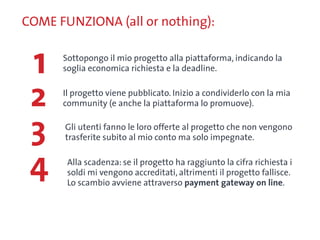 COME FUNZIONA (all or nothing):


 1    Sottopongo il mio progetto alla piattaforma, indicando la
      soglia economica richiesta e la deadline.


 2    Il progetto viene pubblicato. Inizio a condividerlo con la mia
      community (e anche la piattaforma lo promuove).


 3    Gli utenti fanno le loro offerte al progetto che non vengono
      trasferite subito al mio conto ma solo impegnate.


 4     Alla scadenza: se il progetto ha raggiunto la cifra richiesta i
       soldi mi vengono accreditati, altrimenti il progetto fallisce.
       Lo scambio avviene attraverso payment gateway on line.
 