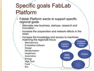 Specific goals FabLab
Platform
   Fablab Platform wants to support specific
    regional goals
    ◦ Stimulate new business, startups, research and
      innovation.
    ◦ Increase the cooperation and network effects in the
      chain.
    ◦ Increase the knowledge and access to machines
      matching the regionale focus:                  Designers/
         Mechatronics                                      Architects/
                                        Inventors/
         Embedded software              Startups             Artists
         Design
         Miniaturisation
         Healthcare                                             Students
         Automotive                        SME
         Energy                           (MKB)
         High Tech
         Food                                              ….
         Etc..
                                       FreeFormFab Foundation               17
 