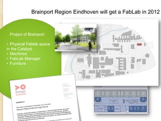 Brainport Region Eindhoven will get a FabLab in 2012



 Project of Brainport

• Physical Fablab space
in the Catalyst
• Machines
• FabLab Manager
• Furniture
 