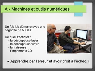 A - Machines et outils numériques

Un fab lab démarre avec une
cagnotte de 5000 €
De quoi s'acheter :
- la découpeuse laser
- la découpeuse vinyle
- la fraiseuse
- l’imprimante 3D

« Apprendre par l’erreur et avoir droit à l’échec »

 