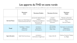 Les apports du THD en zone rurale
(extrait de la ﬁche rédigée par Marc Duchesne en Juillet 2012 pour la DATAR, dans le cad...