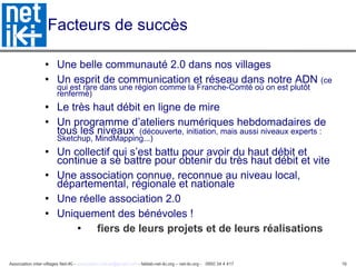 Facteurs de succès Une belle communauté 2.0 dans nos villages  Un esprit de communication et réseau dans notre ADN  (ce qui est rare dans une région comme la Franche-Comté où on est plutôt renfermé) Le très haut débit en ligne de mire Un programme d’ateliers numériques hebdomadaires de tous les niveaux  (découverte, initiation, mais aussi niveaux experts : Sketchup, MindMapping...) Un collectif qui s’est battu pour avoir du haut débit et continue a se battre pour obtenir du très haut débit et vite Une association connue, reconnue au niveau local, départemental, régionale et nationale Une réelle association 2.0  Uniquement des bénévoles !  fiers de leurs projets et de leurs réalisations  
