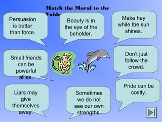 Match the Moral to the
Fable
.
Persuasion
is better
than force.
Make hay
while the sun
shines.
Small friends
can be
powerful
allies.
Beauty is in
the eye of the
beholder.
Don’t just
follow the
crowd.
Liars may
give
themselves
away.
Pride can be
costly.Sometimes
we do not
see our own
strengths.
 