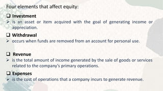 Four elements that affect equity:
 Withdrawal
 occurs when funds are removed from an account for personal use.
 Investment
 is an asset or item acquired with the goal of generating income or
appreciation.
 Expenses
 is the cost of operations that a company incurs to generate revenue.
 Revenue
 is the total amount of income generated by the sale of goods or services
related to the company’s primary operations.
 