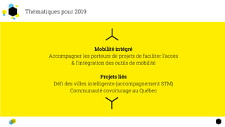 Thématiques pour 20192
Mobilité intégré
Accompagner les porteurs de projets de faciliter l’accès
& l’intégration des outil...