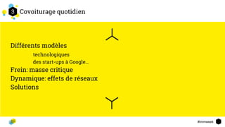 #immweek
Covoiturage quotidien
Différents modèles
technologiques
des start-ups à Google…
Frein: masse critique
Dynamique: effets de réseaux
Solutions
23
5
 
